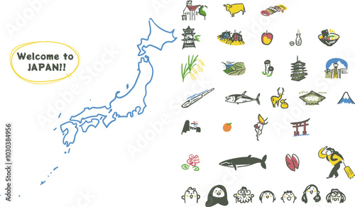 日本地図と日本の名所旧跡や名産　　笑顔の人々　セットのストックイラスト素材
