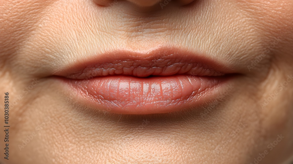 Obraz premium Close-up photograph of the lips before and after filler treatment, highlighting reduced wrinkles around the lips and a smoother, youthful look post-procedure