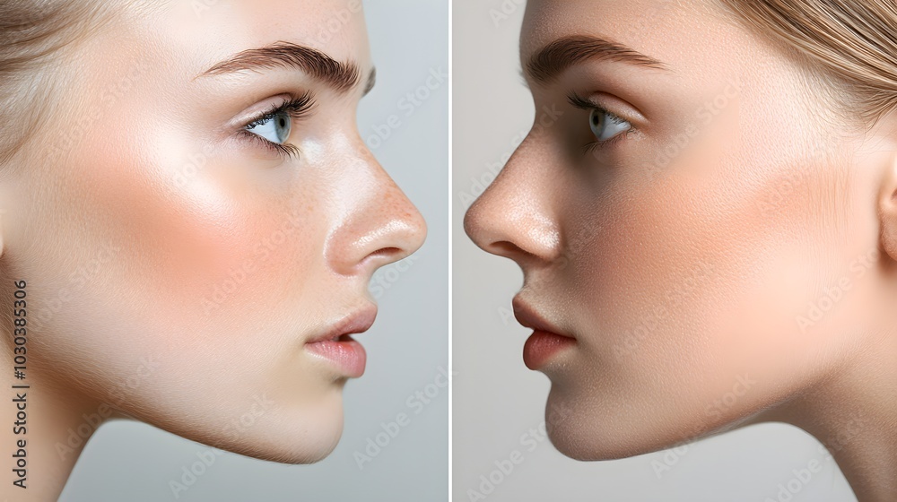 Side-by-side comparison of non-surgical nose job vs. rhinoplasty, highlighting differences in contour, structure, and recovery, with before-and-after images, Photorealistic, Clean Background Side-by-side comparison of non-surgical nose job vs. rhinoplasty, highlighting differences in contour, structure, and recovery, with before-and-after images, Photorealistic, Clean Background