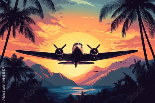 Tropical Sunset with Vintage Airplane Silhouette