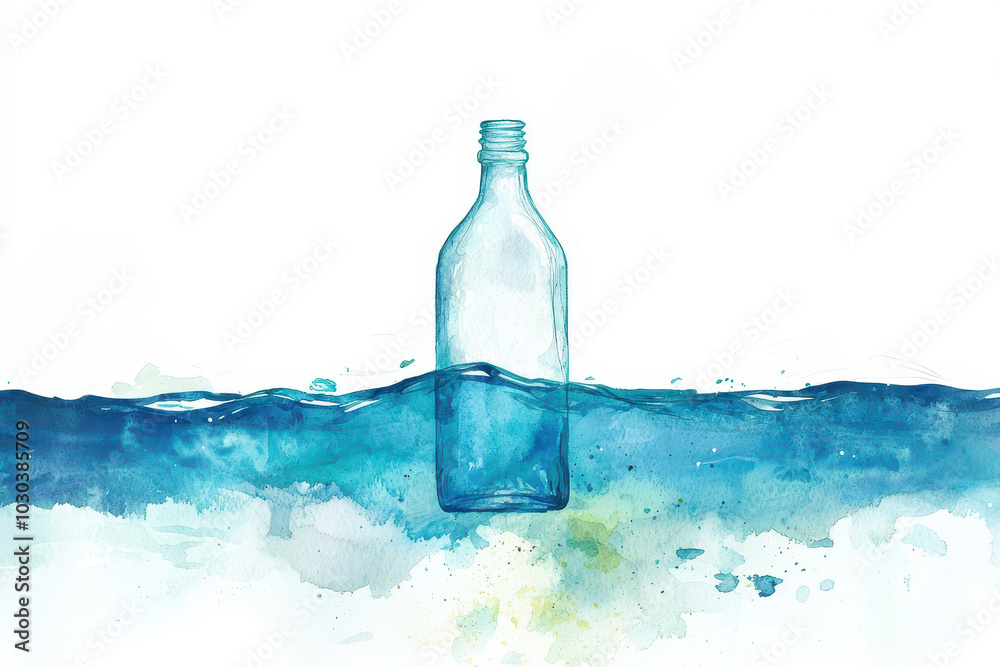 A watercolor illustration of a clear bottle submerged in blue water, symbolizing themes of pollution and environmental awareness. A watercolor illustration of a clear bottle submerged in blue water, symbolizing themes of pollution and environmental awareness.