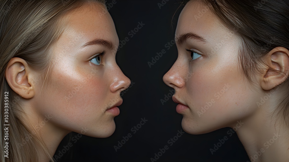 Testimonial image of a woman before and after rhinoplasty, showcasing the refined nose shape and improved facial harmony, side-by-side comparison, Photorealistic, Soft Lighting Testimonial image of a woman before and after rhinoplasty, showcasing the refined nose shape and improved facial harmony, side-by-side comparison, Photorealistic, Soft Lighting