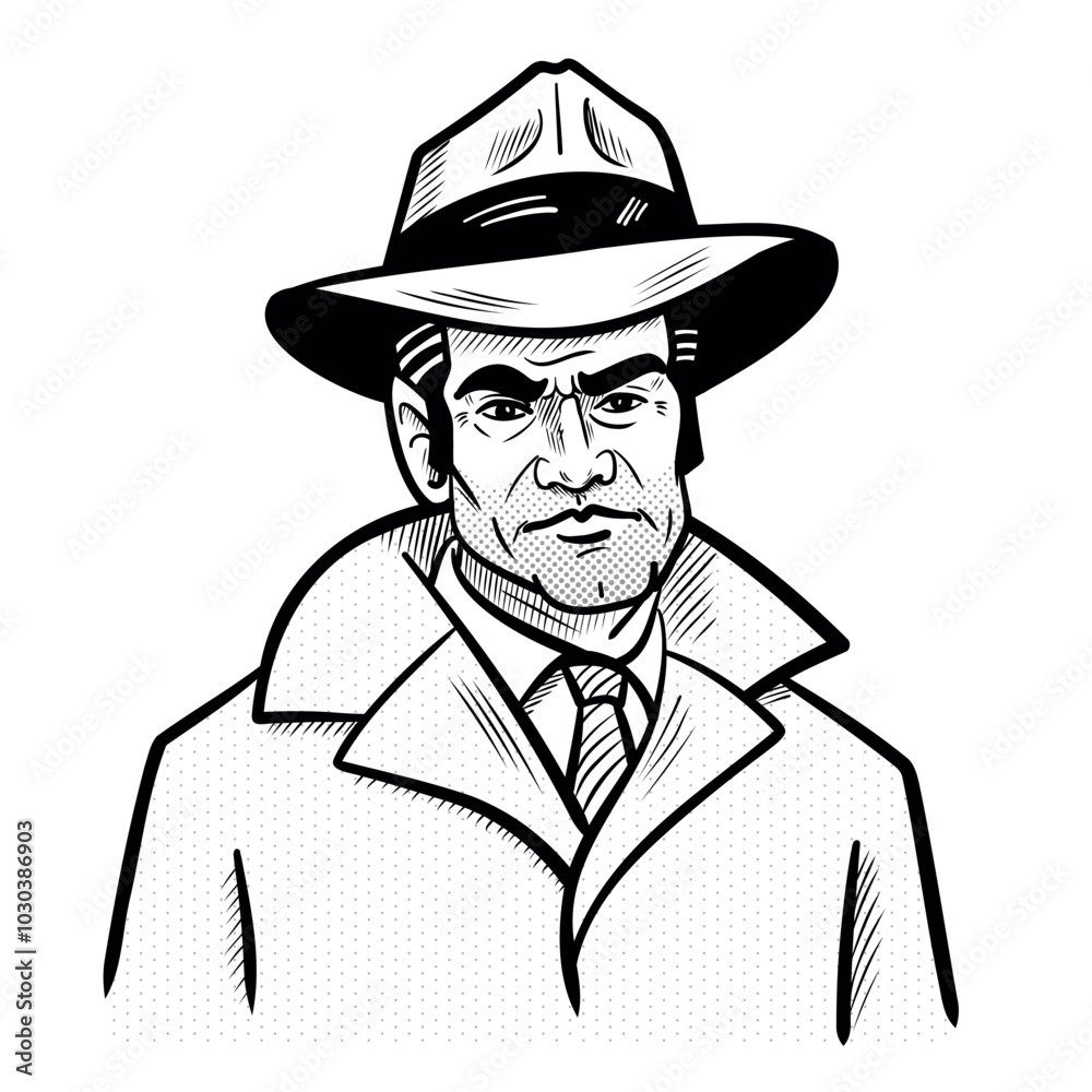 Hand drawn vector illustration of a man in a hat and jacket. in black and white Hand drawn vector illustration of a man in a hat and jacket. in black and white