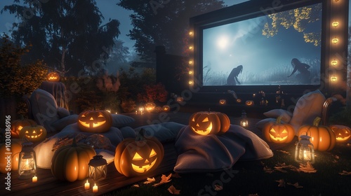 A backyard movie night setup with a large screen playing a Halloween horror film. Soft seating, glowing pumpkins, and lanterns create a cozy atmosphere,  photo