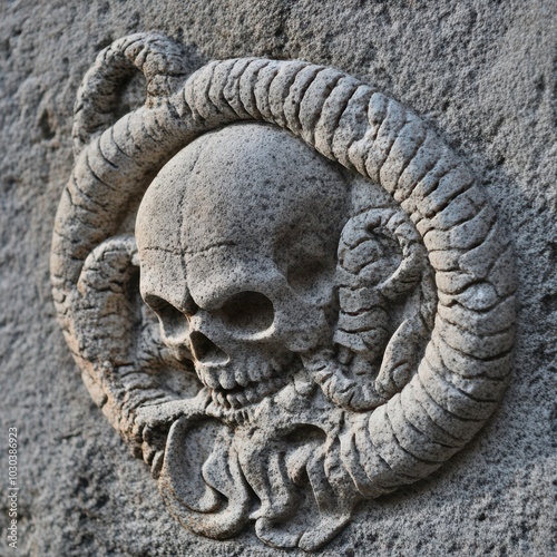 a skull and a snake head on a stone wall