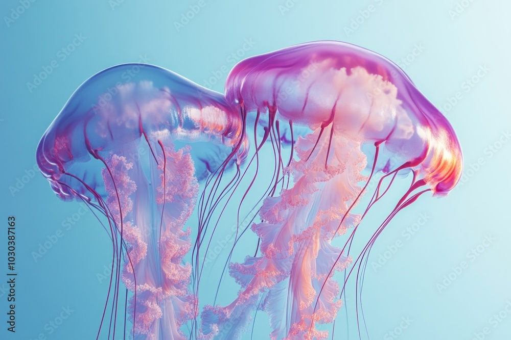Colorful Jellyfish Swimming in Clear Blue Water Colorful Jellyfish Swimming in Clear Blue Water