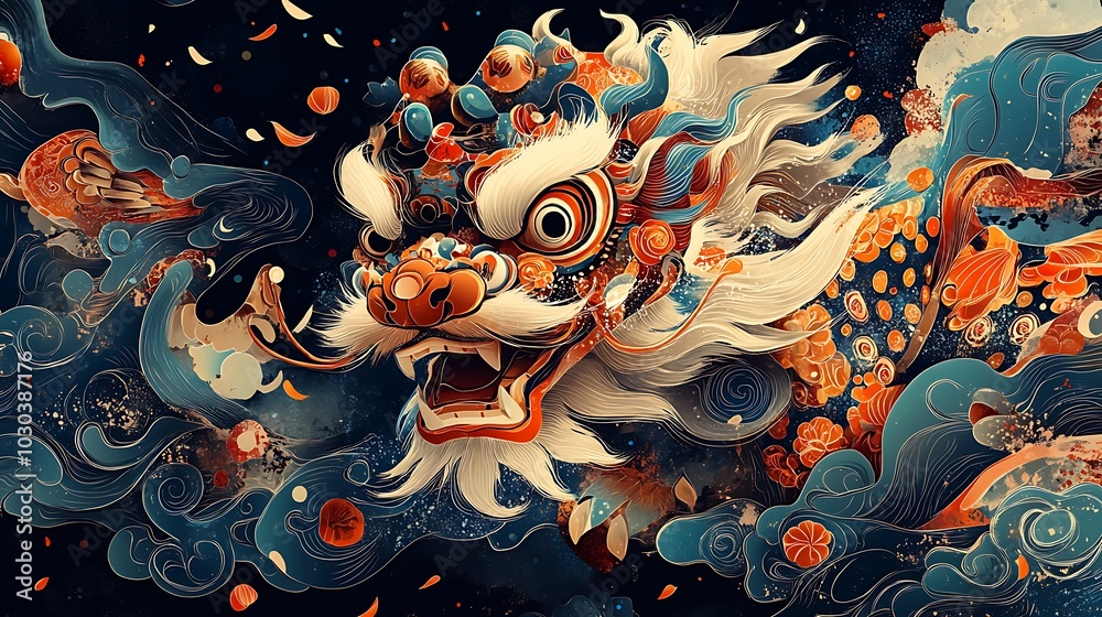 A festive paper-cut style image of lion dancers leaping and moving, surrounded by trails of firecrackers, vibrant confetti, and traditional motifs, A festive paper-cut style image of lion dancers leaping and moving, surrounded by trails of firecrackers, vibrant confetti, and traditional motifs,