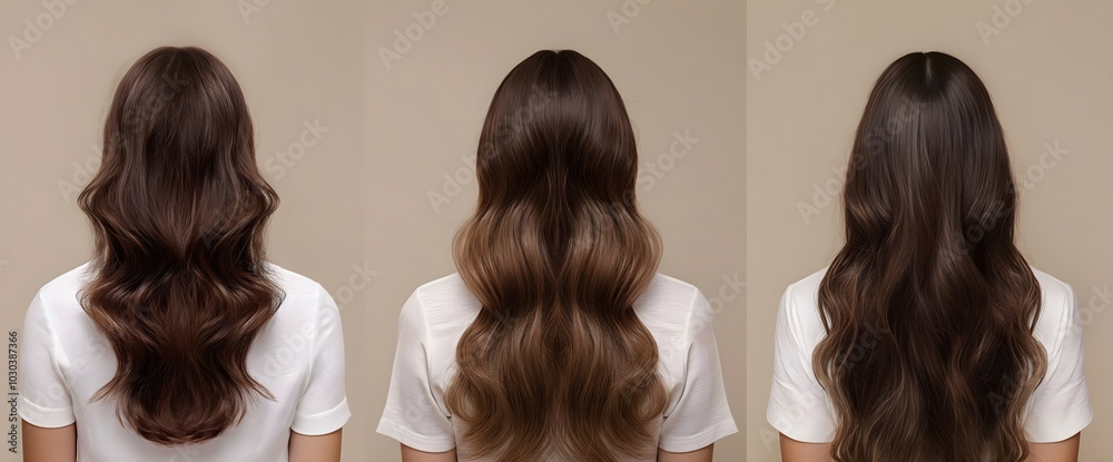 Brown hair color variations on neutral background. Hair coloring and styling options Brown hair color variations on neutral background. Hair coloring and styling options