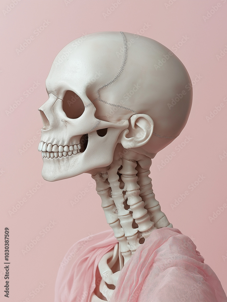Side profile of a skull wearing a pink fabric drape on a pastel background. Minimalistic yet striking character concept with an edgy twist. Side profile of a skull wearing a pink fabric drape on a pastel background. Minimalistic yet striking character concept with an edgy twist.
