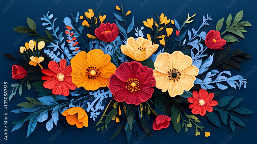 Hand drawn bouquet with flowers 3d vector papercut Hand drawn bouquet with flowers 3d vector papercut
