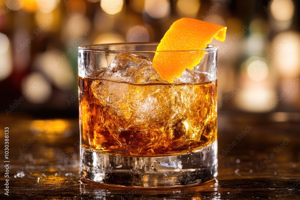 A close up of a whiskey glass with ice, garnished with an orange peel and set on a wooden bar A close up of a whiskey glass with ice, garnished with an orange peel and set on a wooden bar