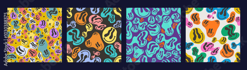 Seamless pattern colorful melting smiling faces. Set of pastel lava lamp, drug trip, water drops, background, wrapping paper. Hand drawn retro vintage palette. Template abstract vector pattern.