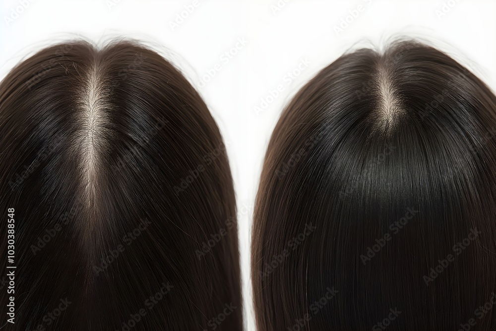Hair parting comparison. Scalp visibility and hair density improvement Hair parting comparison. Scalp visibility and hair density improvement