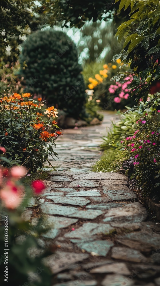 Rustic Stone Walkway Through Vibrant Flower Garden Rustic Stone Walkway Through Vibrant Flower Garden