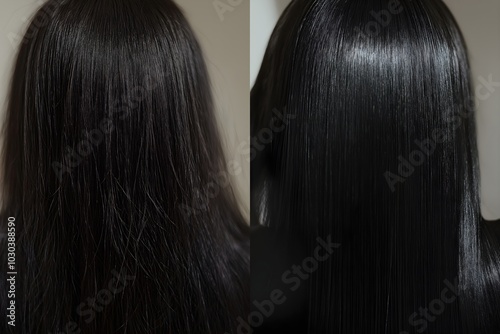 Black hair smoothing treatment. Frizz reduction and shine enhancement photo