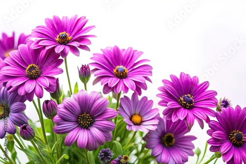 wide-angle stock photo of purple summer flowers on white background