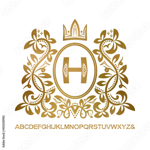 Golden vintage monogram and set of patterned capital letters. Gold H letter framed by floral wreath with crown.