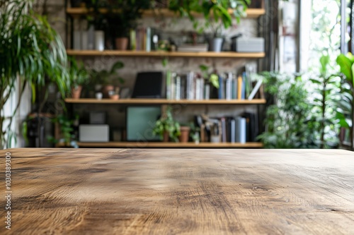 Cozy home office decor with bookshelf and plants displayed on an empty wooden desk, nobody