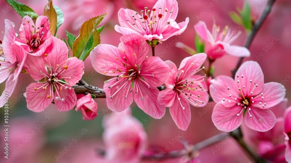Pink cherry blossoms bloom on a branch in springtime