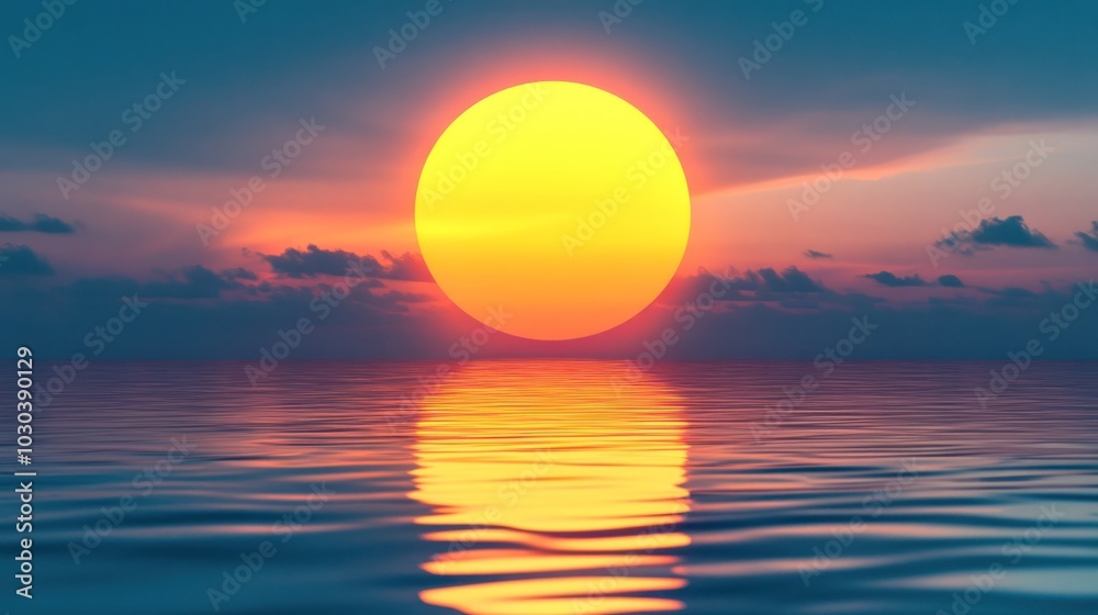 Oval Sun Setting Over Calm Ocean Water Oval Sun Setting Over Calm Ocean Water