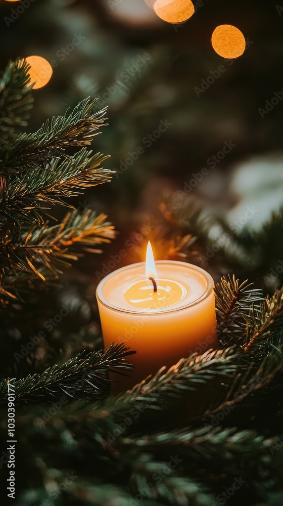 Flickering Candle Among Greenery in Dim Light Flickering Candle Among Greenery in Dim Light