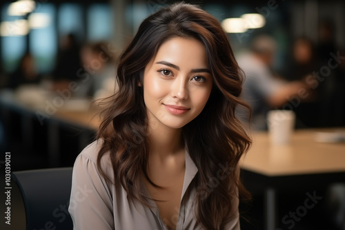 Wallpaper Mural A business woman is smiling and working in an office environment Torontodigital.ca