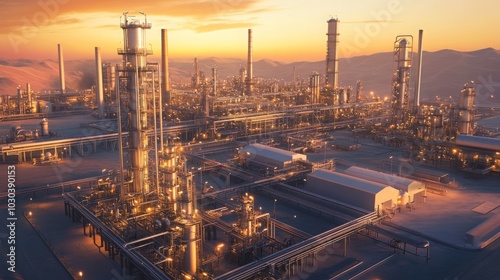 A large industrial plant with tall structures and many pipes is silhouetted against a sunset. The plant is lit by the setting sun, creating a warm glow.