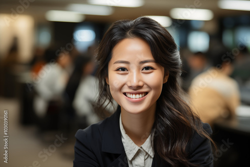 A business woman is smiling and working in an office environment