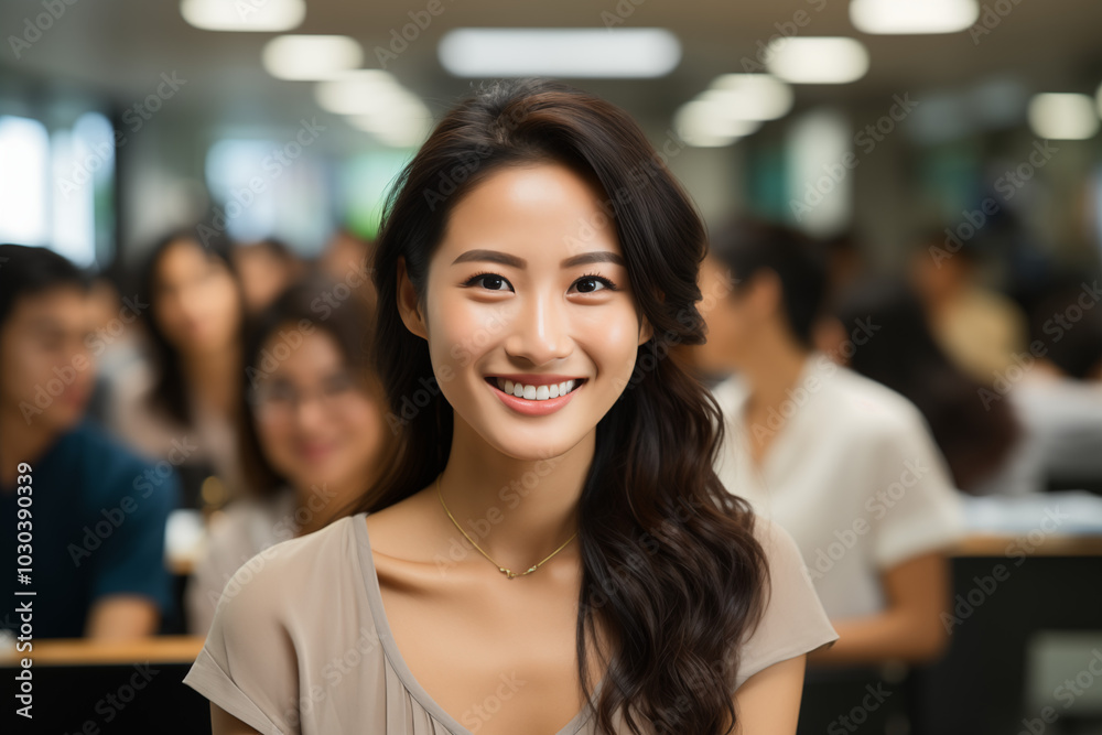 A business woman is smiling and working in an office environment A business woman is smiling and working in an office environment