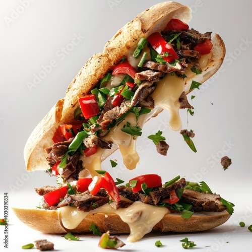 a sandwich with meat, cheese, and vegetables photo