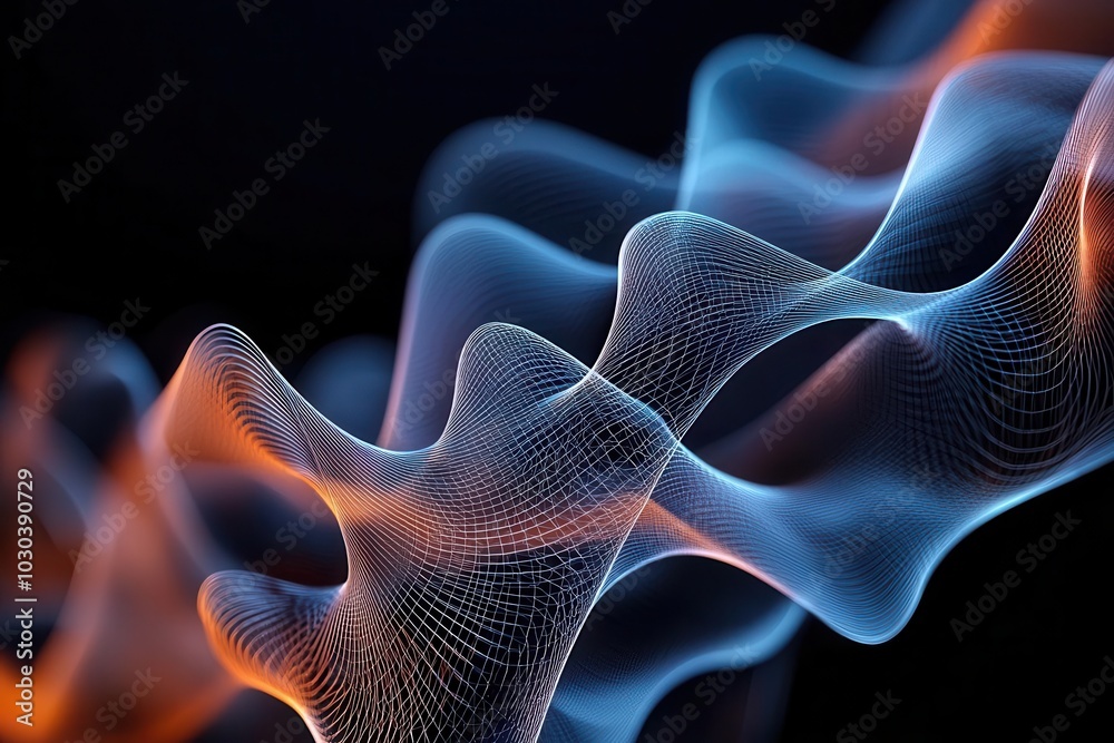 Fototapeta premium A vibrant exploration of colorful abstract waves, showcasing a blend of blue and orange hues against a dark background, creating a mesmerizing flowing effect.