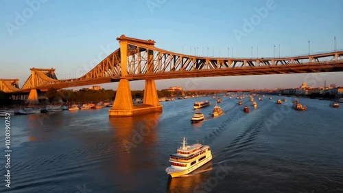 Boats Cruise Under Bridge at Sunset
