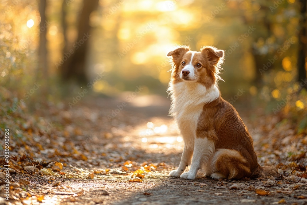 Calm Dog Sitting on Sunlit Forest Path Calm Dog Sitting on Sunlit Forest Path