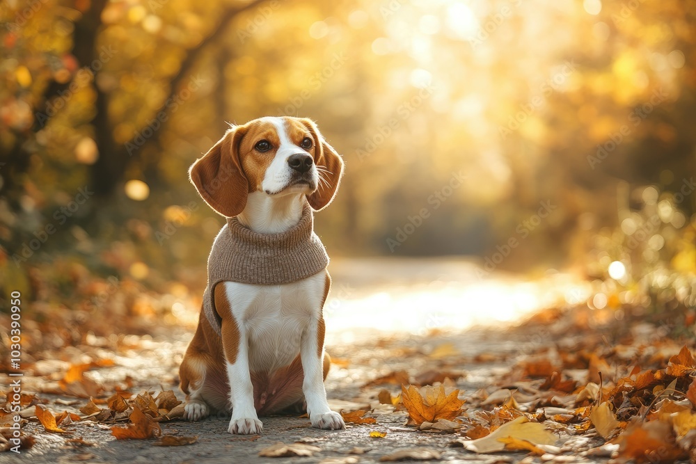 Calm Dog on Sunlit Forest Path in Autumn Calm Dog on Sunlit Forest Path in Autumn