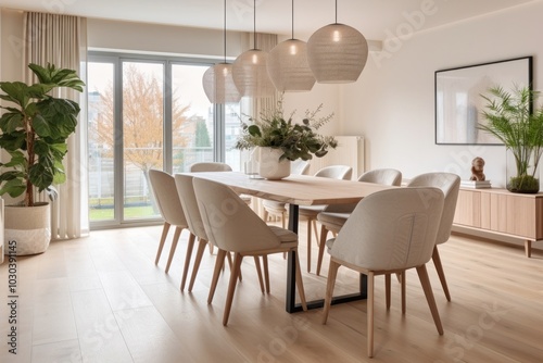 Interior design of dining room chair table architecture. photo