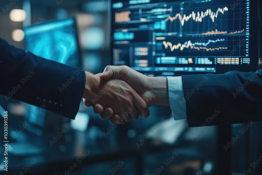 A diverse group of businesspeople shaking hands in a modern office, with colleagues in the background and charts on digital screens, symbolizing teamwork and collaboration A diverse group of businesspeople shaking hands in a modern office, with colleagues in the background and charts on digital screens, symbolizing teamwork and collaboration