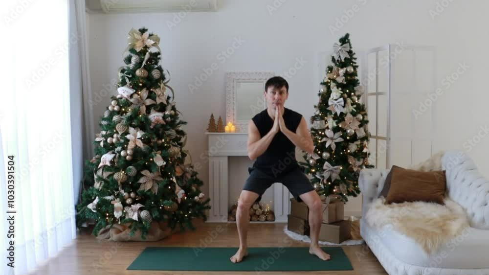 homem faz exercícios fisicos em casa no natal 