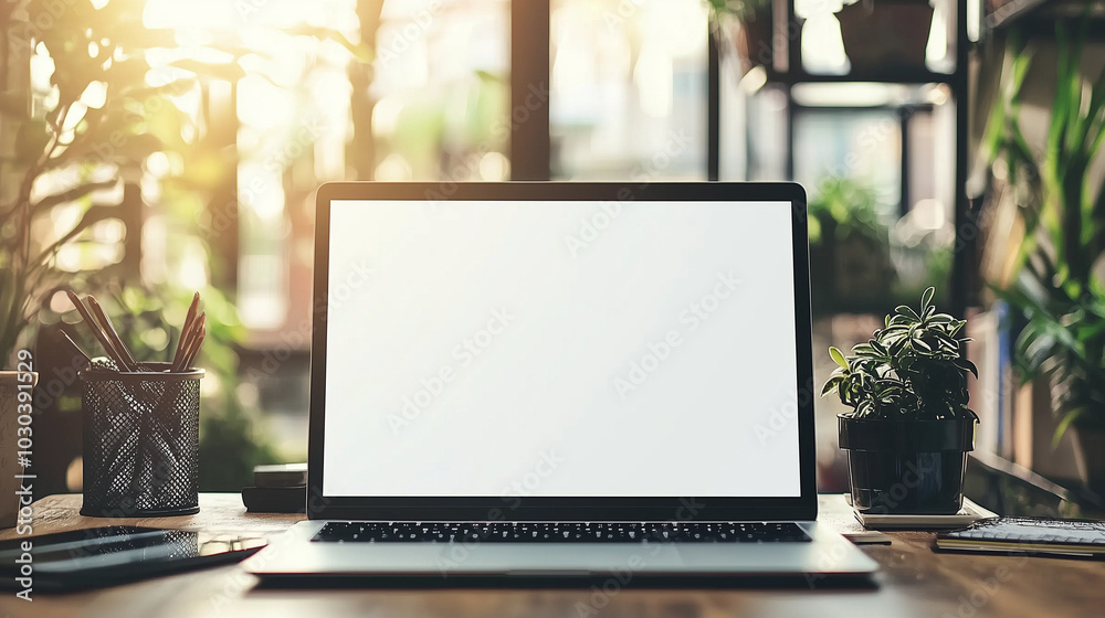 Laptop on table with blank screen mockup template for design Laptop on table with blank screen mockup template for design