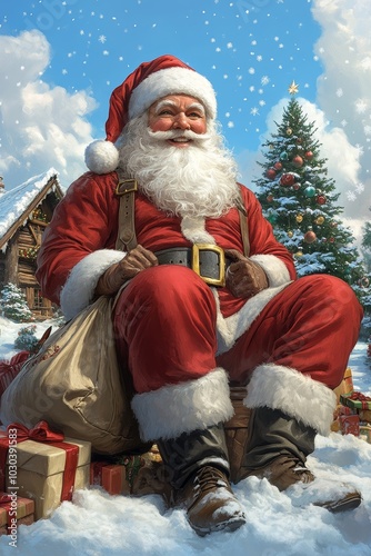 Smiling Santa Claus with gifts in snowy Christmas scene 