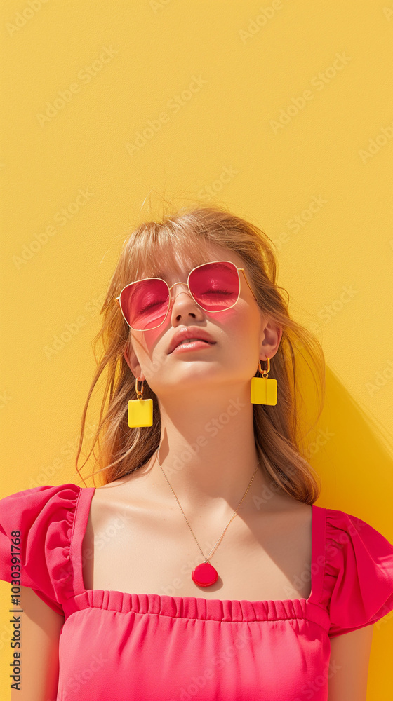 Woman in pink dress with bright pink sunglasses standing against a yellow background. Bold summer fashion with a playful color contrast. Woman in pink dress with bright pink sunglasses standing against a yellow background. Bold summer fashion with a playful color contrast.