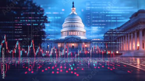 Capitol Building with stock market graphics overlay.