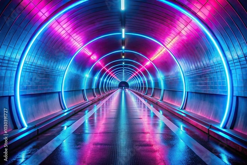 Wide-Angle tunnel with blue and pink glowing neon lights background wallpaper