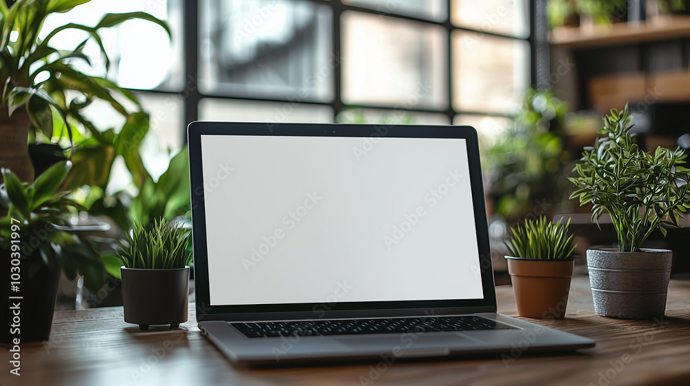 Laptop on table with blank screen mockup template for design Laptop on table with blank screen mockup template for design