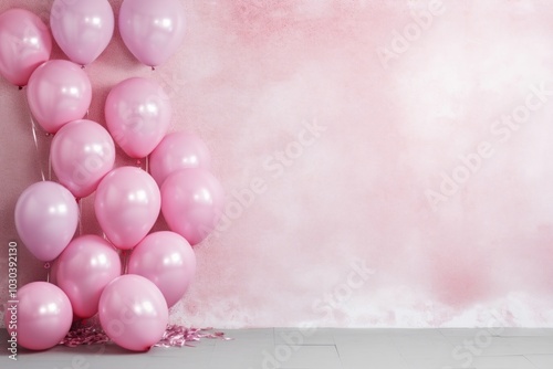 Balloons and glitter border backgrounds pink wall. photo