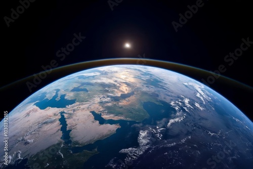 Earth horizon at sunrise: majestic view from space with sunlight