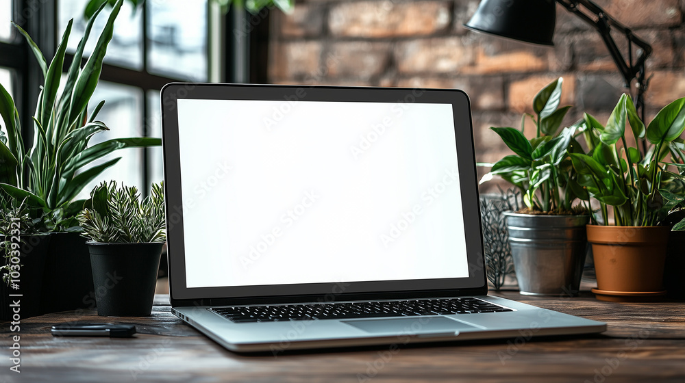 Laptop on table with blank screen mockup template for design Laptop on table with blank screen mockup template for design