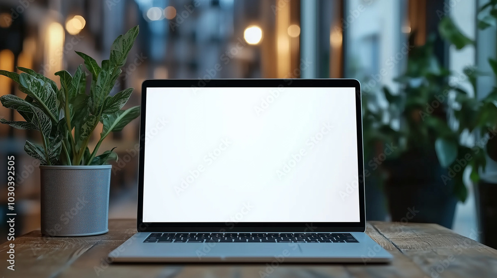 Laptop on table with blank screen mockup template for design Laptop on table with blank screen mockup template for design