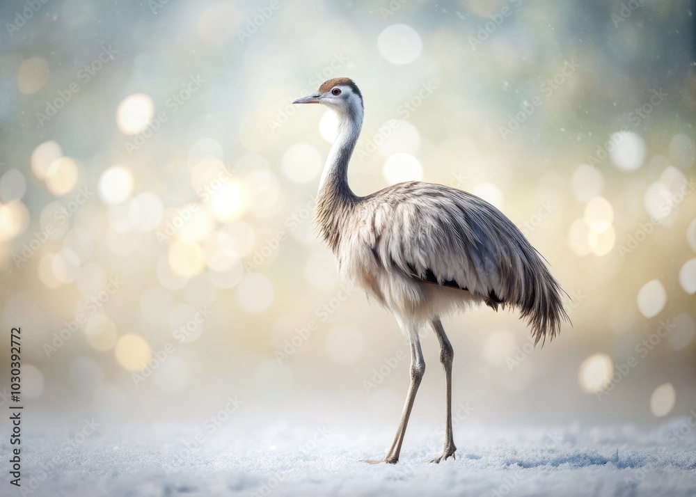 Obraz premium Illustration of an isolated Greater Rhea, or Nandu Szare, captured in a white-themed conceptual photography setting, emphasizing its distinctiveness and grace in a serene atmosphere.