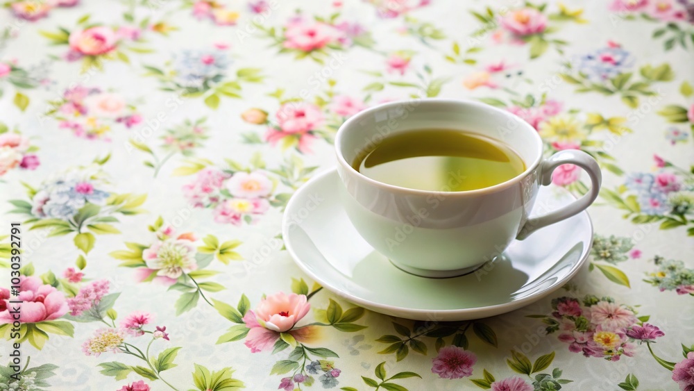 Wide-angle view of a cup of green tea on a white table with a floral background Wide-angle view of a cup of green tea on a white table with a floral background