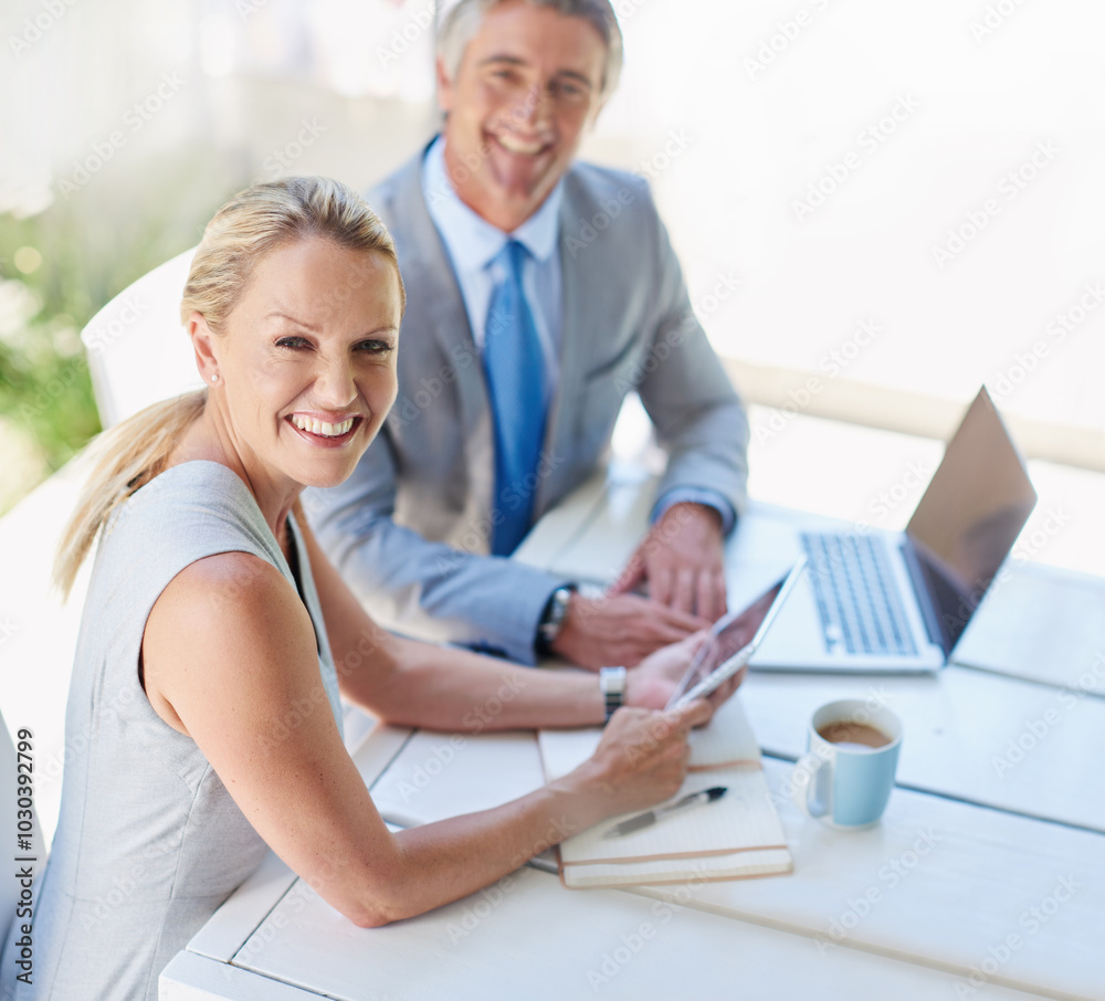 Fototapeta premium Portrait, planning and teamwork with business people and tablet for corporate governance, advisor and meeting. Tax compliance, partnership and report with man and woman for shareholder policy